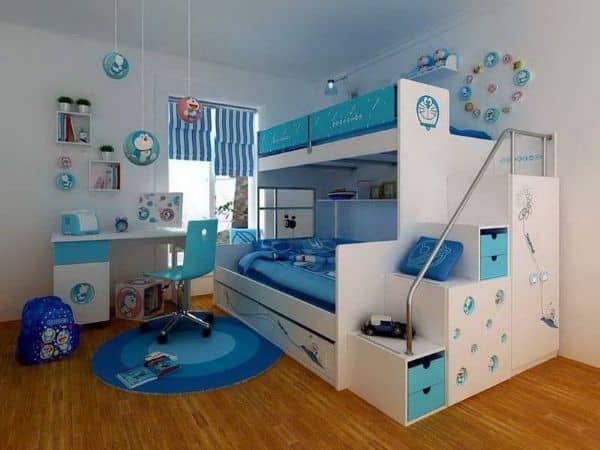 دکوراسیون اتاق کودک با تم آبی و سفید