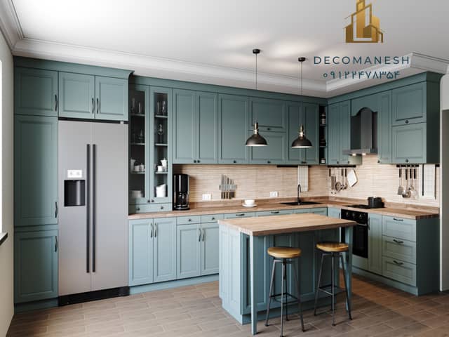 کابینت آشپزخانه چوبی با تم رنگی آبی 