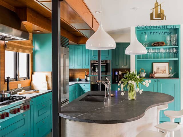 کابینت آشپزخانه چوبی با تم رنگی جذاب و خاص