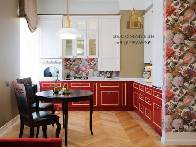کابینت آشپزخانه چوبی با تم رنگی ترکیبی سفید و قرمز