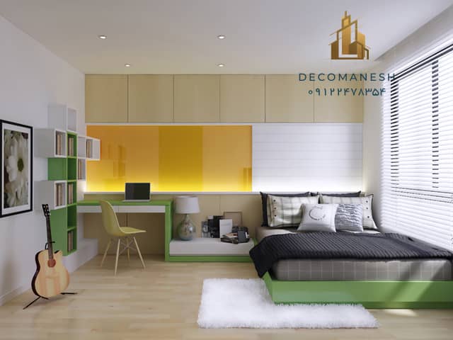 کمد دیواری اتاق خواب با تم رنگی سفید ، طلایی و سبز