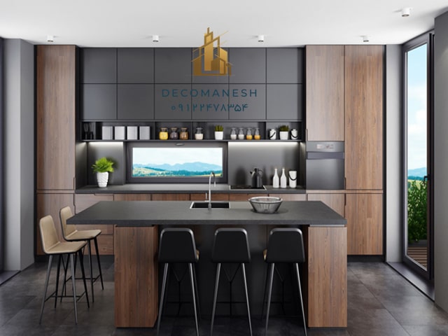 کابینت آشپزخانه با طراحی شیک و تم ترکیبی چوبی و خاکستری