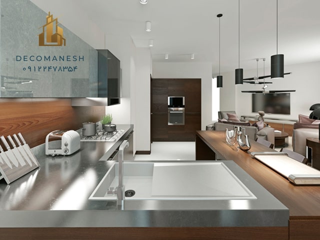 کابینت آشپزخانه با چند متریال ترکیبی در رنگ های مختلف