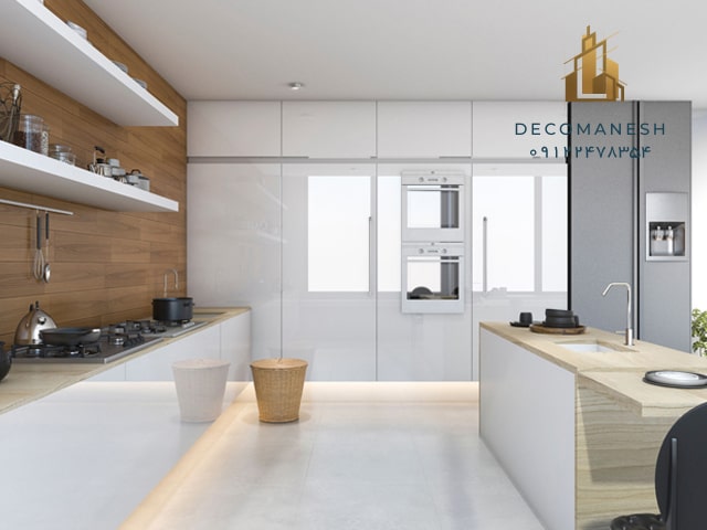 کابینت آشپزخانه ترکیبی سفید و طرح چوب