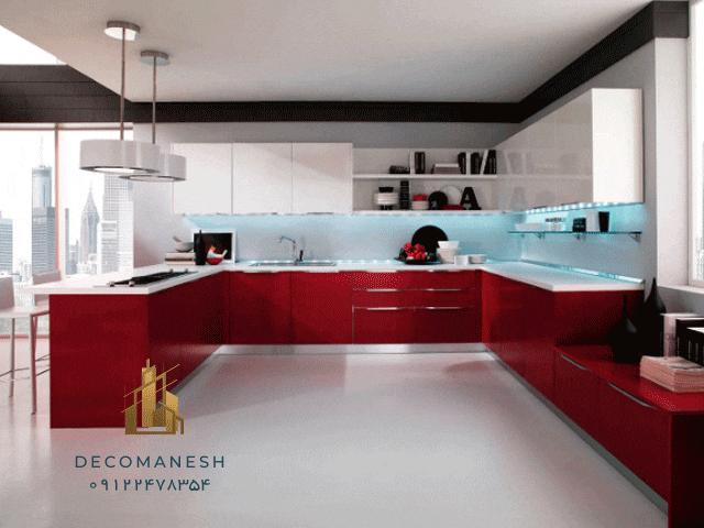 کابینت آشپزخانه هایگلاس با تم ترکیبی سفید و قرمز