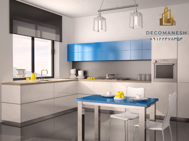 کابینت آشپزخانه هایگلاس ترکیبی آبی و سفید
