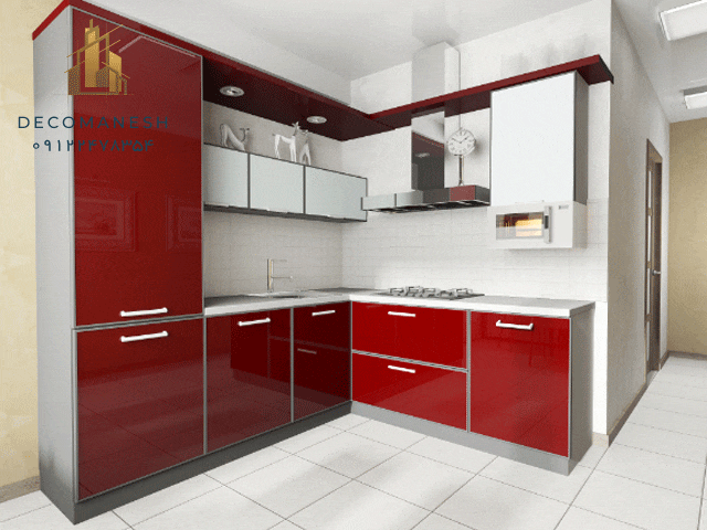 کابینت هایگلاس با تم سفید و قرمز برای آشپزخانه کوچک