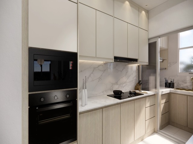 کابینت آشپزخانه با دو رنگ شاد و روشن