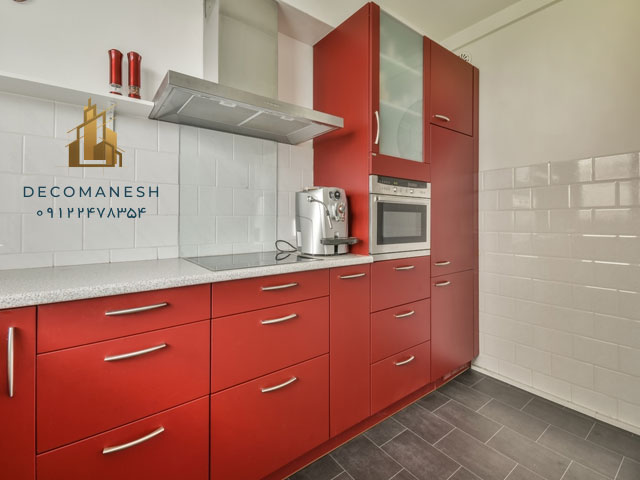 کابینت آشپزخانه کوچک با رنگ قرمز