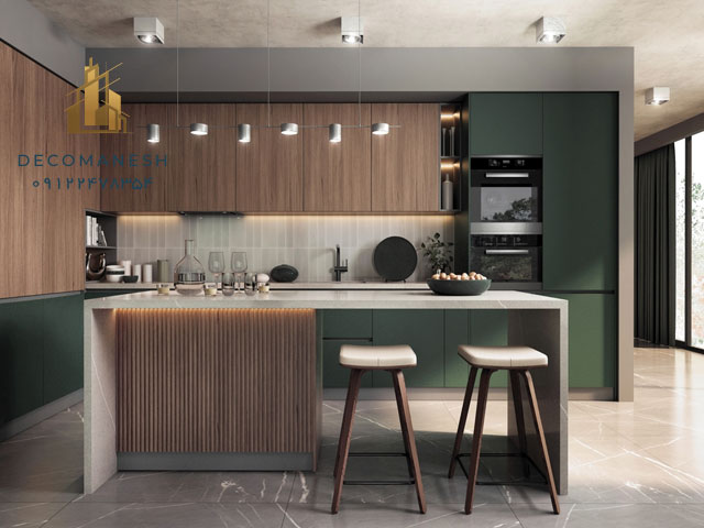 کابینت آشپزخانه با طرح ترکیبی چوب و تم رنگ سبز