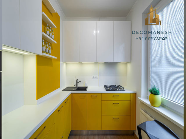 کابینت آشپزخانه با دو رنگ ترکیبی سفید و زرد