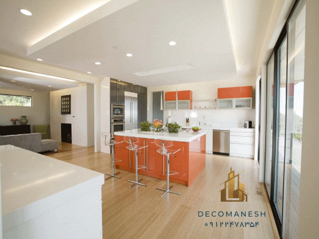 کابینت آشپزخانه سبک نئوکلاسیک با رنگ نارنجی